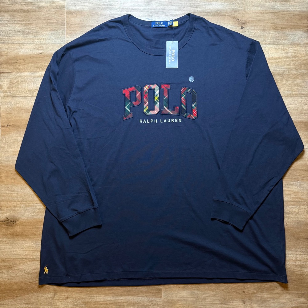 Polo Ralph Lauren Tee Shirt Mens 5XB Navy Blue Plaid Applique Long Sleeve New